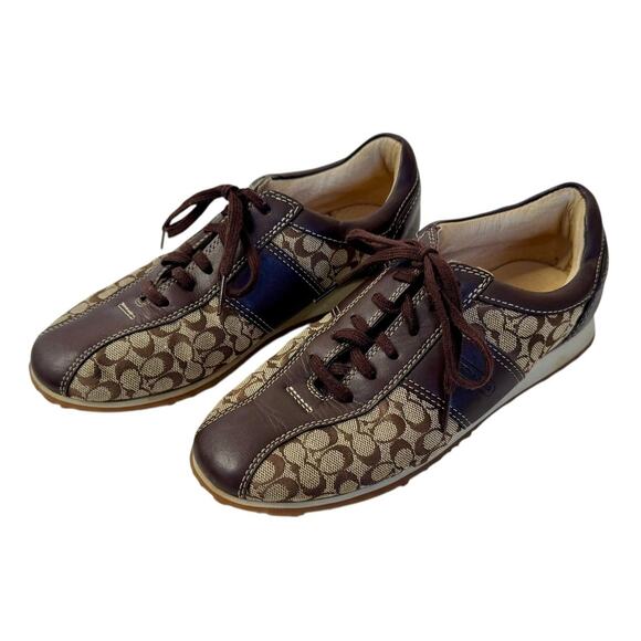 COACH Noella Signature Logo Brown Canvas Leather Tennis Shoes Size 6.5M MINT - Picture 1 of 9